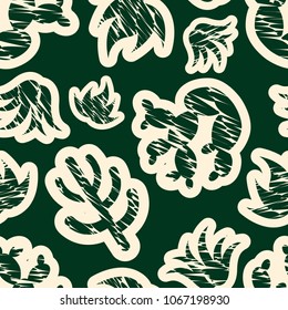 Seamless green pattern with decorative cactus. Summer background with patterned cactus with light stroke. Scribble texture. Textile rapport.