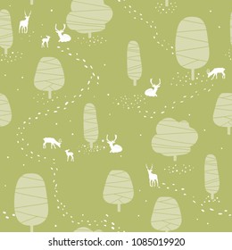 Seamless green pattern with deer in the fields