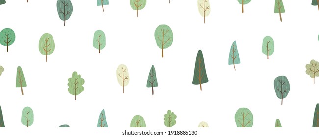 Seamless green pattern with different trees. Hand drawn nature background for your design