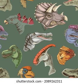 Seamless green pattern with dinosaurs.