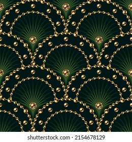 Seamless green pattern with fan shaped grid, gold ball chains, beads, thin color rays inside of grid cell. Classic luxury background.