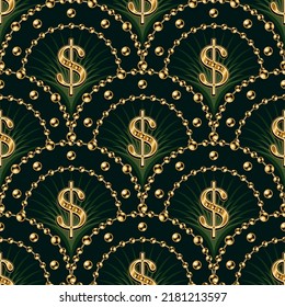 Seamless Green Pattern With Fan Shaped Grid, Shiny Gold Dollar Sign, Chains, Ball Beads, Thin Color Rays Inside Of Grid Cell. Classic Luxury Background.