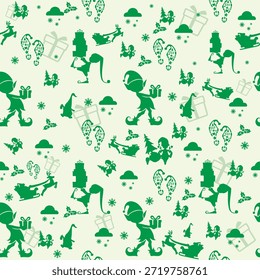 Seamless green pattern featuring Christmas motifs like gnomes, trees, and decorations, perfect for festive fabrics, cards, or web designs.  
