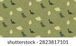 seamless green pattern featuring dark dinosaur shapes and leafy outlines on muted background creating a playful natural texture for various uses