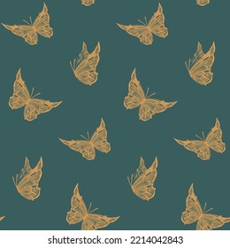 Seamless green pattern with flying butterflies, art graphic vector background