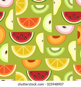 Seamless green pattern with fruit slices. Vector illustration