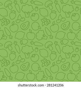 Seamless green pattern of fruits and vegetables outlines. Minimalistic, subtle and unobtrusive; suitable for website backgrounds.