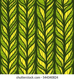 Seamless green pattern with hand drawn stylized doodle leaves