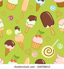 Seamless green pattern with ice creams, cupcakes, candies and hearts. Vector illustration