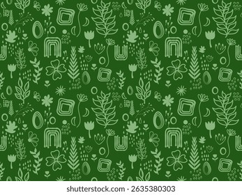 Patrón verde sin fisuras con hojas y adornos de Navidades en un diseño floral vintage, Pequeñas flores y gotas de agua sin fisuras. Lindo patrón de tela.