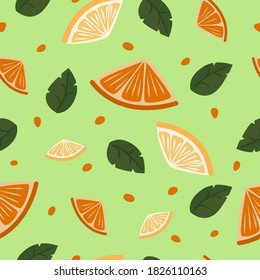 Patrón verde sin soldadura con hojas y rodajas de naranja y limón.