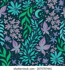 Seamless green pattern with orange tropical plants and orchid flowers
