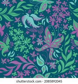 Seamless green pattern with orange tropical birds and orchid flowers