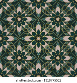 Seamless green pattern. Oriental geometric ornament. Template for carpet, shawl, tile, wallpaper, textile, mosaic.