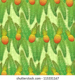 seamless green pattern with palm leaves and pineapples. vector illustration