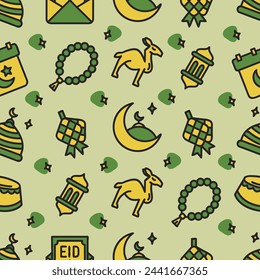 Seamless green pattern Ramadan elements background. Vector illustration.