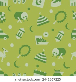 Seamless green pattern Ramadan flat elements background. Vector illustration.