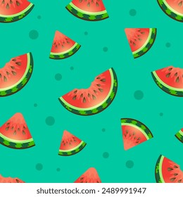 Seamless Green Pattern of Red Watermelon Slices with seeds. Bright Positive summer fruit background. Seamless watermelons pattern. Background with red sweet watermelon slices.