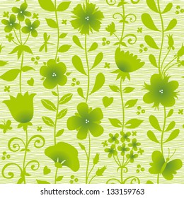 Seamless green pattern with silhouettes flowers, butterflies and dragonflies