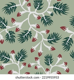 Seamless green pattern with stylized hand drawn doodle flowers and leaves. Vector decorative cute floral background.