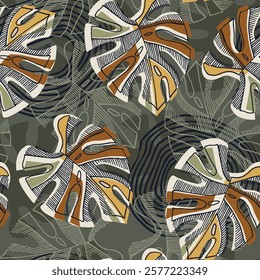 Seamless green pattern with tropical leaves. Exotic wallpaper, Hawaiian style.