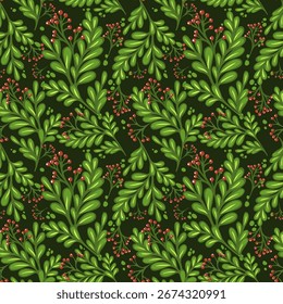 Patrón verde sin fisuras de ramitas con bayas rojas y hojas elegantes. Ilustración vectorial