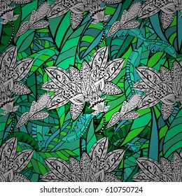 Seamless green pattern. Vector green floral ornament brocade textile pattern, white doodles. Floral pattern. Stripes background with green elements.