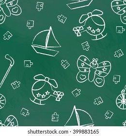 Seamless green pattern with white children's chalk drawings. Hand-drawn style. Seamless vector wallpaper with the image Rolling toys, butterfly, helicopter, boat, puzzle