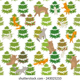 Patrón verde sin foco con árboles de invierno y animales forestales