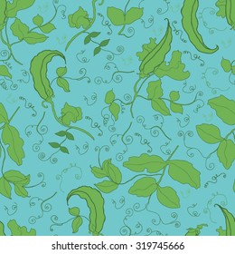 Seamless green pea pattern with leaves. Vector. Curly. Blue background
