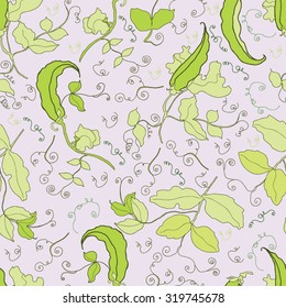 Seamless green pea pattern with leaves. Vector. Curly. Pink background