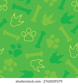 Seamless green pet pattern with paw prints, bones and playful dino silhouettes. Bright repeat background for pet products, fabric, patrol, wrapping paper, scrapbooking and kids designs.