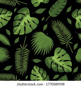 Seamless green philodendron fern bamboo leaf areca palm vector pattern. Natural simple background on black. Hand drawn leaves tropical pattern.