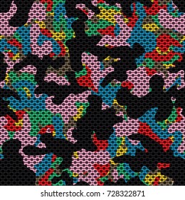 Seamless green pink blue red yellow brown and black camouflage pattern with mesh vector