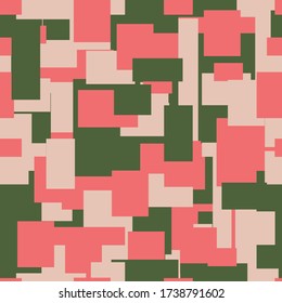 Seamless green and pink pattern with squares. Abstract background with different shapes. Geometric textile. Print, texture, textile. Simplicity