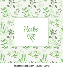 Seamless green plant background with square frame . Endless pattern with green twigs and leaves silhouette. Vector illustration 