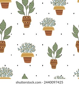 Seamless green plant pattern, vector design for fabric and decor.