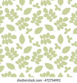 Seamless green plants silhouettes pattern. Repeating nature leaves background. Botanic backdrop for prints, card, poster, wallpaper, wrapping paper, fabric, textile. Vector illustration.