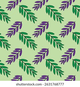 Nahtloses grünes und violettes Blattmuster auf hellgrünem Hintergrund - Botanisches Naturdesign
