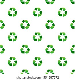 Seamless green recycle sign pattern on white background