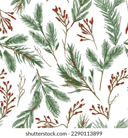 Seamless green and red leaf pattern with rowan berries and fir branches. Vector illustration on white background.