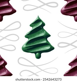 Seamless green and red lipstick drawn christmas tree pattern on white background, simple minimalistic universal print, stylish holiday decor, vector illustration, repeat festive design, seasonal decor