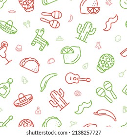 Seamless green and red outline icons of Mexican things