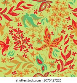 Seamless green and red pattern with orange tropical birds, butterflies and orchid flowers