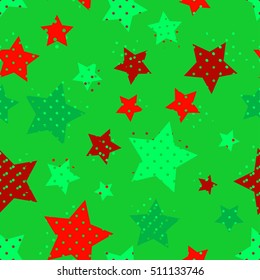 Seamless green and red pattern with  stars with small round holes for Marry Christmas and Happy New Year