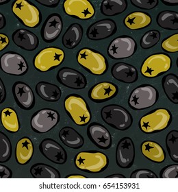 Seamless with Green and Ripe Black Olives. Food Pattern. Isolated on a Black Chalkboard Background. Realistic Doodle Cartoon Style Hand Drawn Sketch Vector Illustration.