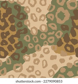 Seamless Green Safari Organic Animal Paint Wallpaper. Military Continuous Creative Retro Leopard, Seamless Style Pattern. Endless Brown Panther Ornament Art.