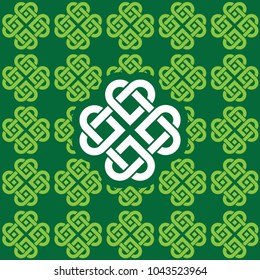 Seamless green shamrock pattern made of Celtic knots. Pattern color patch included.