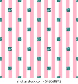 seamless green square glitter pattern with pink stripe background