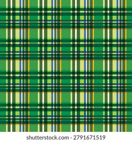Seamless green tartan plaid pattern featuring rich emerald and forest green tones accented with yellow, white, blue, and dark greenstripes. This classic checkered textile design creates a balanced and elegant woven appearance, inspired by traditional Scottish tartan fabrics. Perfect for fashion textiles, apparel, home décor, wrapping paper, wallpaper, digital backgrounds, surface pattern design, and print-on-demand products. High-quality repeating pattern suitable for both print and digital applications.
